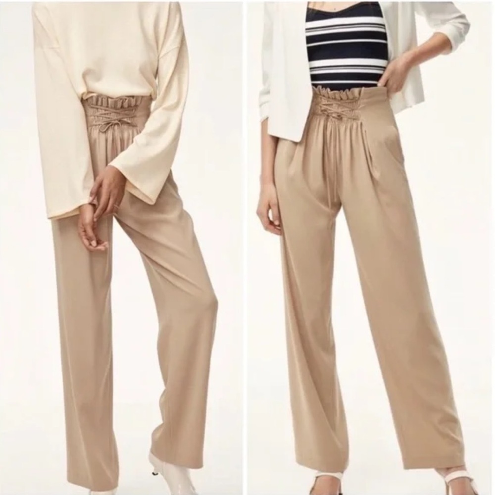 Babaton Lebna Wide Leg Lace Up Waist  Detail Dress Pants in Tan Size XS